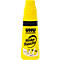 Yellow UHU all-purpose glue bottle with black lettering and illustration. Bottle with three glue application types.