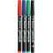 Four colored pens by Staedtler. Red, blue, green, and black. Inscription: Lumocolor permanent.