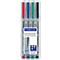 Four Lumocolor markers in a transparent plastic case. The pens are red, blue, green and black.
