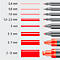 Illustration of pens and their corresponding line widths in mm. Line widths range from 0.4 mm to 2-12 mm.