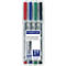 A package of four Staedtler Lumocolor non-permanent markers in red, blue, green, and black.
