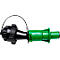 Close-up of a green and black plastic oil filler neck with a black cap and black tether.