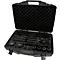 Schwarzer Werkzeugkoffer mit verschiedenen Werkzeugen. Der Koffer ist geöffnet, mit einer schwarzen Schaumstoffauskleidung und verschiedenen Werkzeugen.