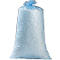 A blue plastic bag filled with white styrofoam pellets. The bag is knotted at the top.