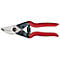 Close-up of red Felco pruning shears. Black metal handles, red coated. Inscription: Felco Swiss Made CP.