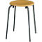 A round stool with a beige seat and dark metal legs. The stool stands on a white background.