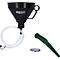 Schwarzer Trichter mit Griff und Schlauch, daneben grüner Ausgießer und Filter.