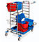 Metal cleaning cart with red, blue containers and mopping accessories, on wheels.