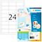Etikettenbogen mit 24 Etiketten, daneben eine Packung Etiketten, sowie ein Flyer mit Produktinformationen.