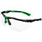 Lunettes de sécurité avec verres transparents, accents verts et noirs.