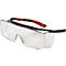 Lunettes de protection en plastique transparent avec une monture noire et des accents orange.