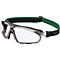 Lunettes de sécurité avec verres transparents et sangle verte. La monture est grise. Il y a des lettres sur la sangle.