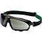 Lunettes de sécurité noires avec bandeau vert. Les verres sont teintés, le bandeau est réglable.