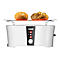 Weißer Langschlitz-Toaster von Unold mit Brötchenaufsatz und zwei aufgebackenen Brötchen vor weißem Hintergrund.
