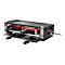 Elektrischer Raclette-Grill mit acht Pfännchen und schwarzer Grillplatte auf weißem Grund.