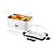Weiße elektrische Lunchbox von Unold gefüllt mit Spaghetti und einer weiteren Speise, daneben der Deckel mit Besteck.