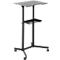 Black, height-adjustable laptop stand on wheels, with shelf. The design is minimalist.