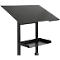 Black podium. Angled top shelf with cutouts, a horizontal shelf below, and pillar.