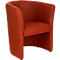A red, ear-shaped armchair, slightly inclined backwards. The fabric of the armchair is coarsely textured.