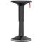 Black standing stool with red loop. Round seat, slender shaft and wide foot with gray edge.