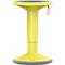 Yellow standing stool with dark gray seat and underside. Red hanger on the side.