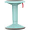 Turquoise standing stool, black seat, red handle. The shape is organic and modern.