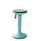 Turquoise stool, round seat with gray cushion, red handle.