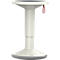 A height-adjustable standing stool in white with a red loop. The seat is dark gray, the base is outlined in light gray.