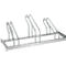 Metal bike rack with curved supports. Angled front view.