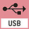 Black USB symbol on pink background. Below, white box with the word 'USB'.
