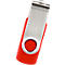 Red USB stick with metal cap. The stick has a red cap and a silver metal cap that can be folded over to protect the connection.
