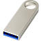 Ein silberner USB-Stick mit blauem Stecker und rundem Loch.