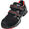 Black safety shoe with red accents, Velcro straps and the inscription "uvex".