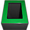 Un cadre vert rectangulaire entoure un renfoncement noir, sur une base grise.