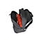 Ein offener, schwarzer Rucksack. In der Mitte ein orangefarbener Pullover, links ein Tablet und ein Smartphone.
