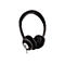 Casque noir sur fond blanc. Des supports gris relient les Ã©couteurs au serre-tÃªte.