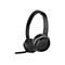 Schwarzes Headset, das aus einem Kopfband und zwei Ohrmuscheln besteht. Ein Mikrofon ragt aus der rechten Ohrmuschel heraus.