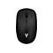 Draufsicht auf eine schwarze, drahtlose Computermaus mit Logo. Obere Hälfte: Scrollrad, Maustasten. Untere Hälfte: Logo.