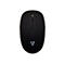 Schwarze, ovale Computermaus mit Scrollrad und Logo. Vor weißem Hintergrund.