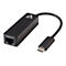 Schwarzer USB-C-Ethernet-Adapter, mit Ethernet-Buchse, Typ-C-Anschluss und Markenlogo.