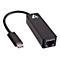 Schwarzer Adapter mit USB-C-Anschluss und Ethernet-Buchse. Oben links befindet sich ein Kabel.