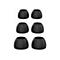 Sechs schwarze Ohrstöpsel liegen vor weißem Hintergrund. Jedes hat eine runde Form mit einer Öffnung.