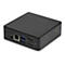 Ein schwarzer Mini-PC mit AnschlÃ¼ssen fÃ¼r Strom, Netzwerk und HDMI, vor weiÃŸem Hintergrund.
