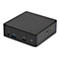 Schwarzer Mini-PC mit silbernen Akzenten und AnschlÃ¼ssen. Auf der Vorderseite befinden sich USB-, Audio- und StromanschlÃ¼sse. Oben flache OberflÃ¤che.