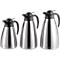 Three different sized stainless steel thermos flasks with black lids and handles.