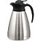 Stainless steel thermos with black lid and handle.