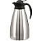 Stainless steel thermal jug, with black lid and handle.