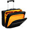 Valise à roulettes noire, ouverte, avec intérieur jaune et poignée extensible.