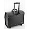 Valise à roulettes noire avec poignée rétractable et poignée, posée sur un fond clair.
