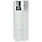 White locker with open door, a bag lies inside. Besides the open compartment, other compartments are closed.
